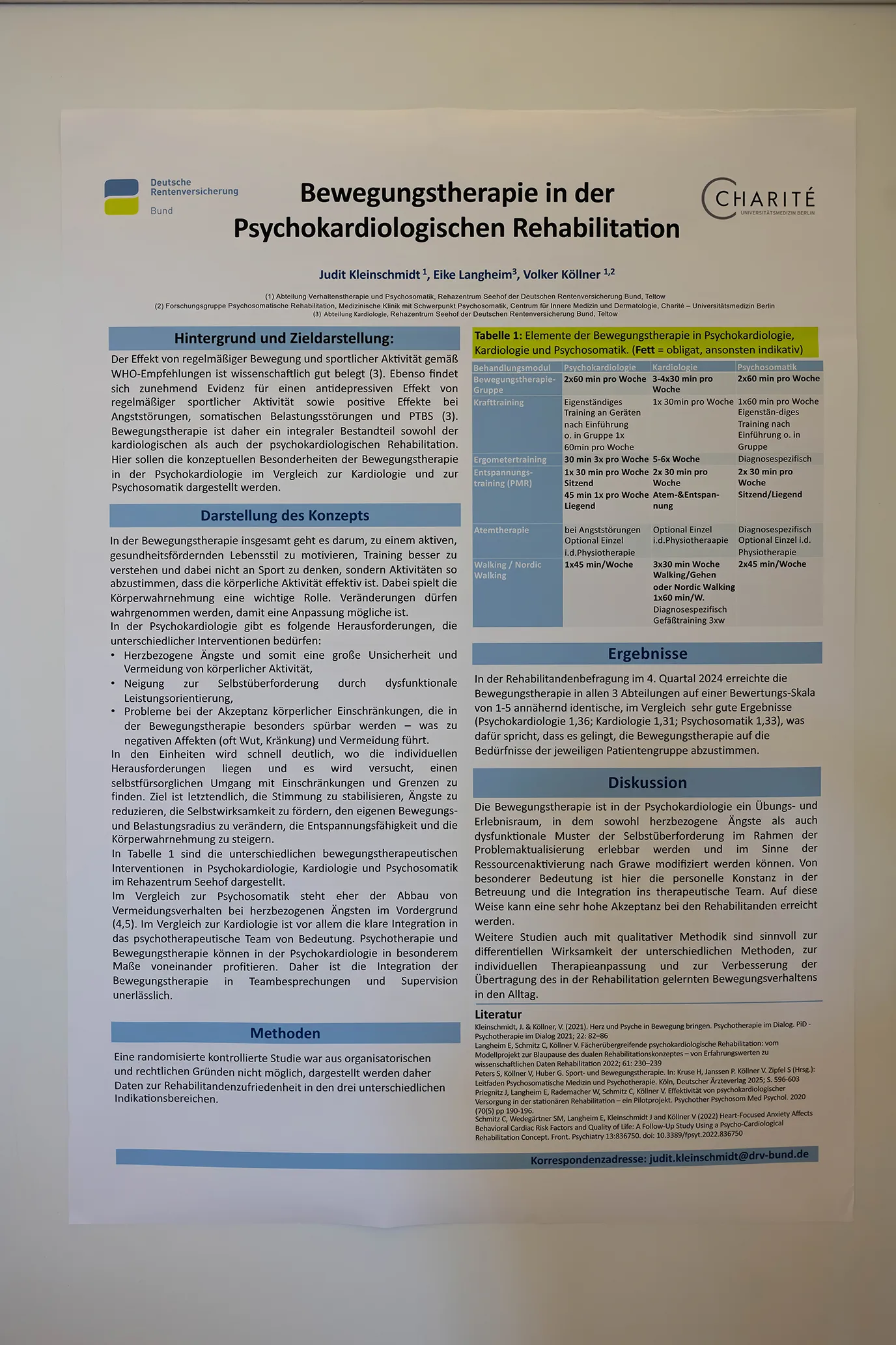 Wissenschaftliches Poster Deutsche Rentenversicherung Bund und Charité Berlin: Bewegungstherapie in der psychokardiologischen Rehabilitation