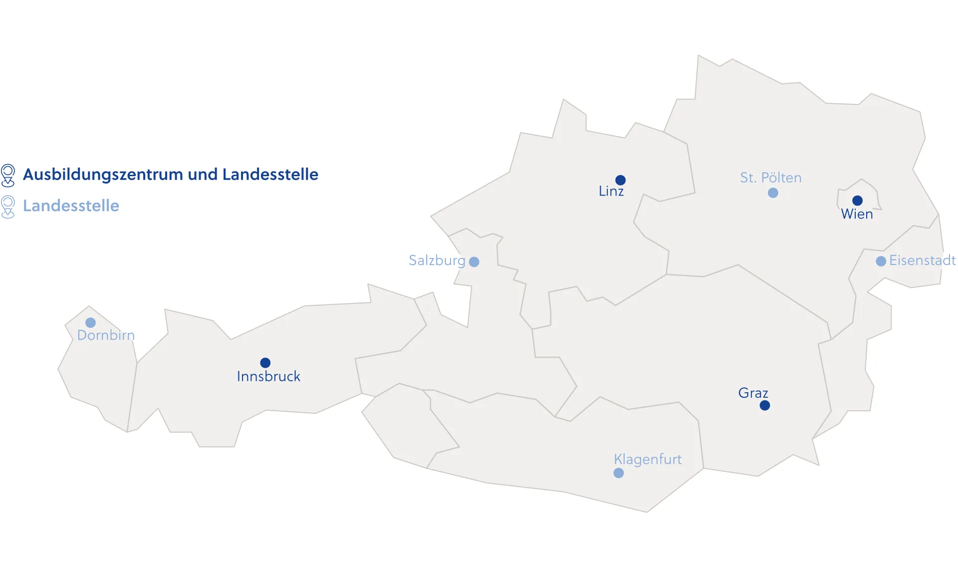 Infografik: Österreichkarte mit Ausbildungszentren und Landesstellen der Pensionsversicherung