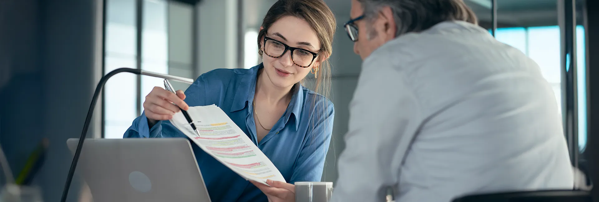 Pensionsversicherungsexpertin, Büro, Beratung, Versicherter, Pensionsanspruch
