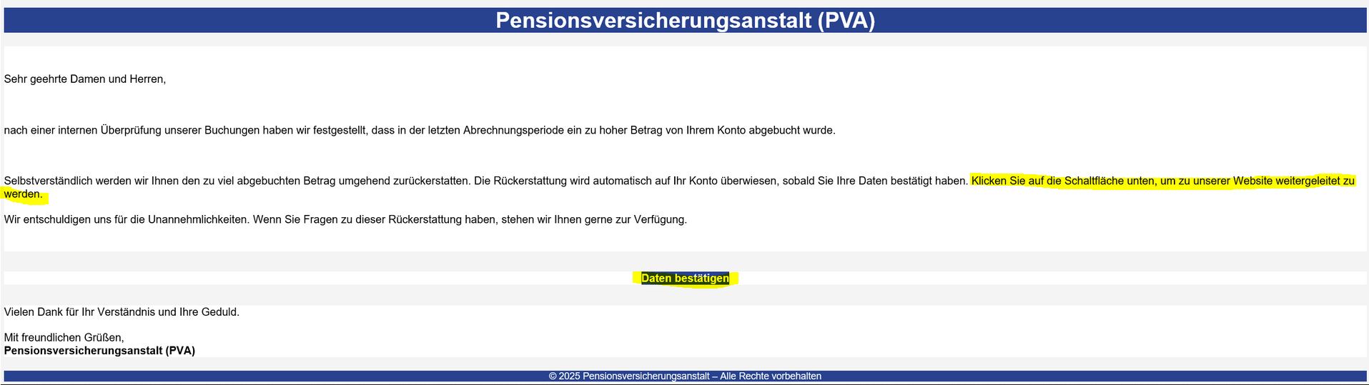 Screenshot eines aktuellen betrügerischen Phisihing-E-Mails